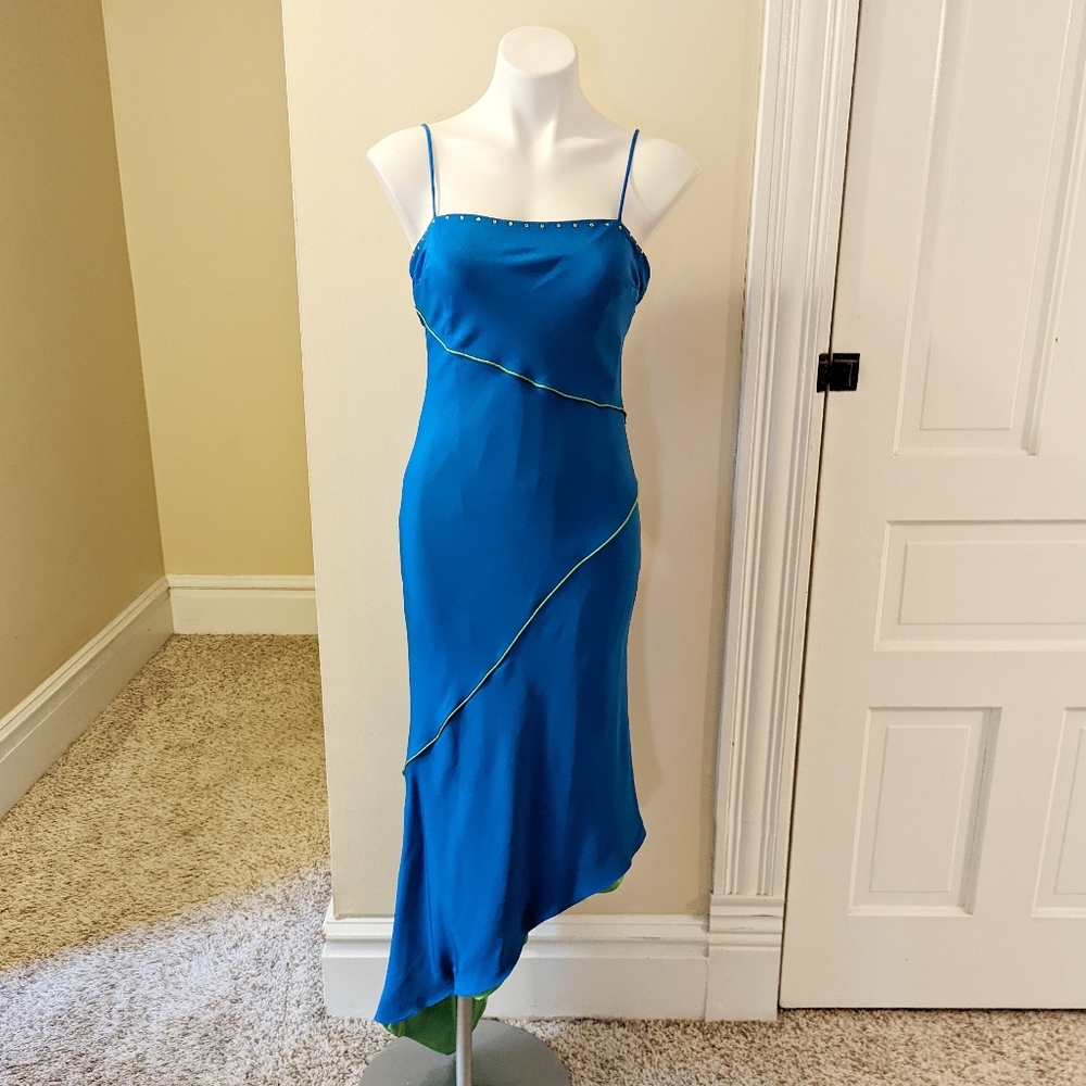 Vintage Y2K Luxe by Sheila Yen bright blue & green a symmetrical dress size 10